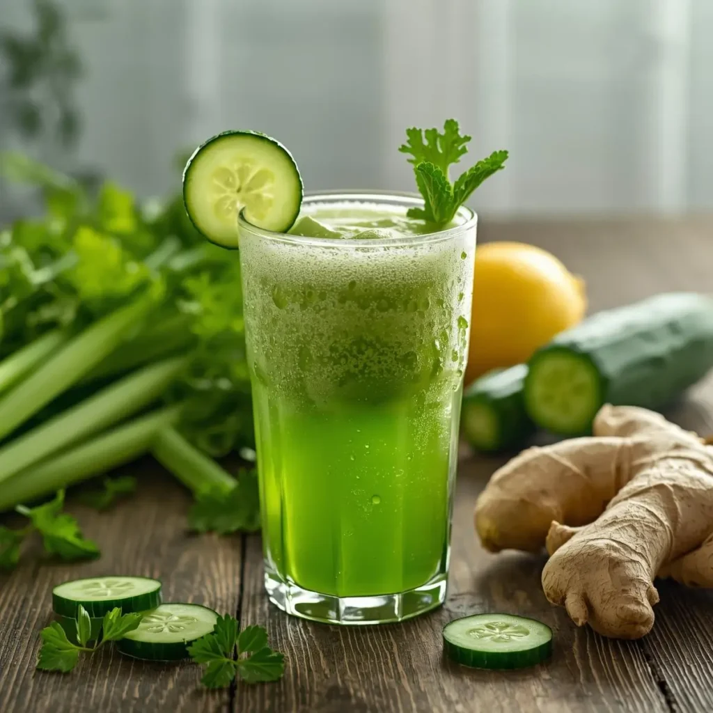 fresh celery and cucumber juice in a glass