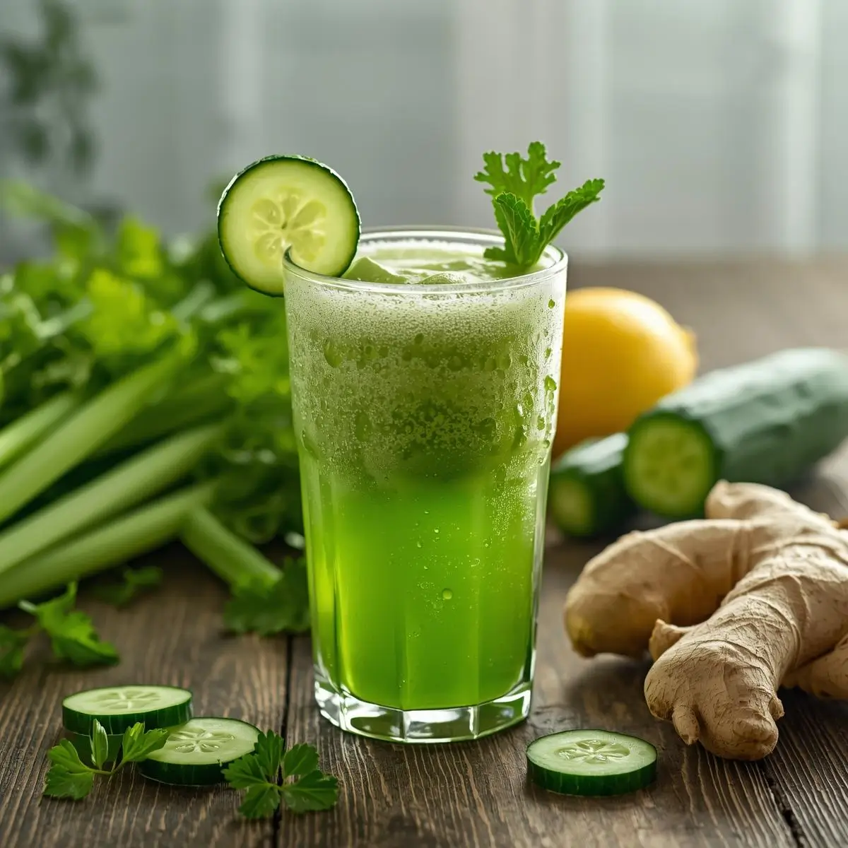 fresh celery and cucumber juice in a glass